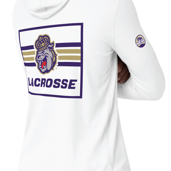 White long-sleeve hooded shirt shown on a model from the front and back, with purple and gold lacrosse graphics. Includes a large back graphic, a small chest logo on the front, a sleeve logo on the right front arm, and two circular decal designs shown below on a white background.