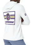 White long-sleeve hooded shirt shown on a model from the front and back, with purple and gold lacrosse graphics. Includes a large back graphic, a small chest logo on the front, a sleeve logo on the right front arm, and two circular decal designs shown below on a white background.