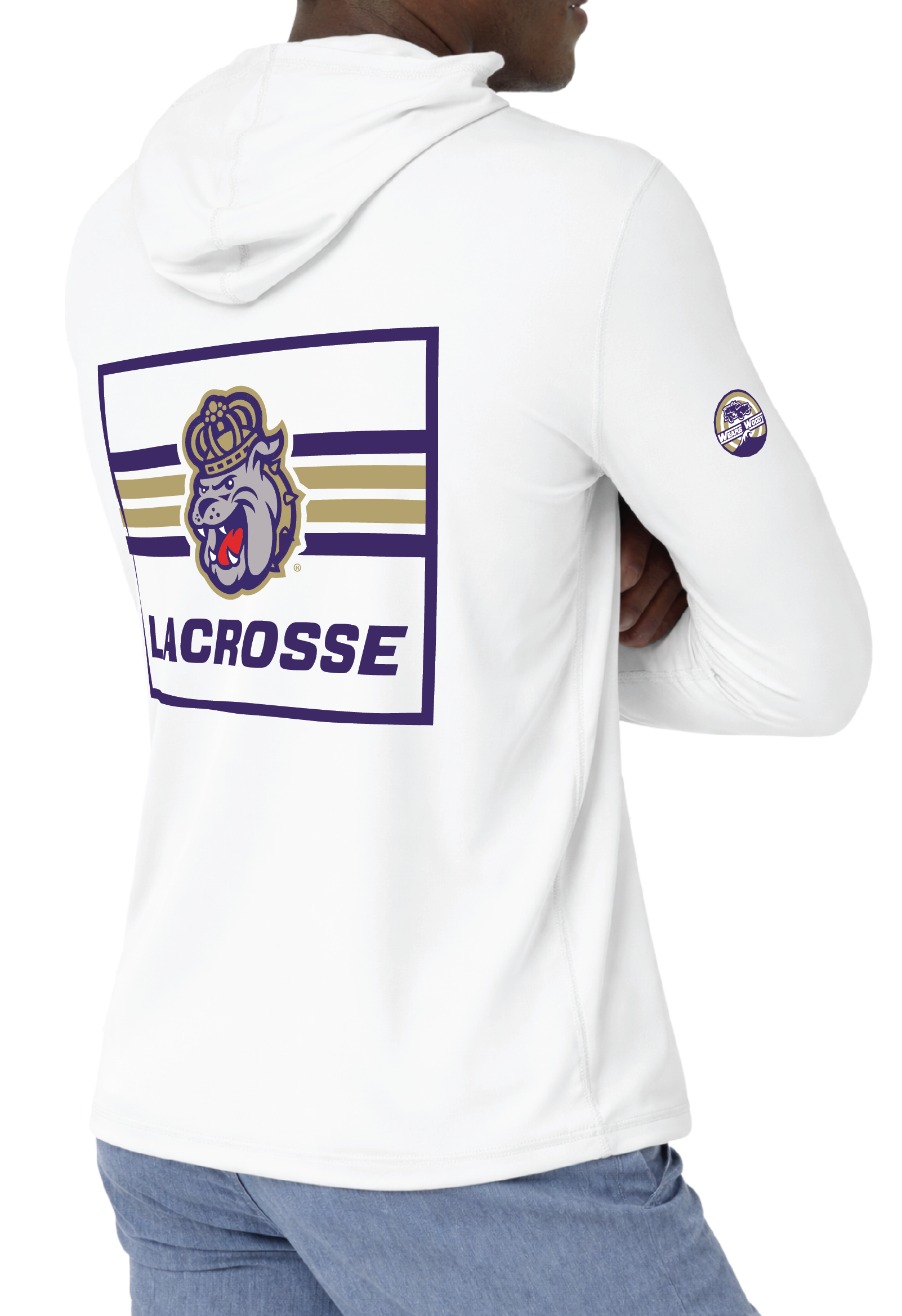 White long-sleeve hooded shirt shown on a model from the front and back, with purple and gold lacrosse graphics. Includes a large back graphic, a small chest logo on the front, a sleeve logo on the right front arm, and two circular decal designs shown below on a white background.