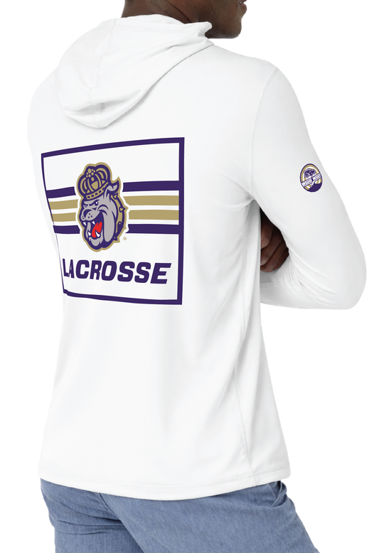White long-sleeve hooded shirt shown on a model from the front and back, with purple and gold lacrosse graphics. Includes a large back graphic, a small chest logo on the front, a sleeve logo on the right front arm, and two circular decal designs shown below on a white background.