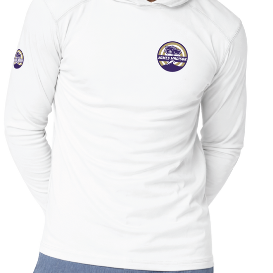 White long-sleeve hooded shirt shown on a model from the front and back, with purple and gold lacrosse graphics. Includes a large back graphic, a small chest logo on the front, a sleeve logo on the right front arm, and two circular decal designs shown below on a white background.