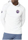 White long-sleeve hooded shirt shown on a model from the front and back, with purple and gold lacrosse graphics. Includes a large back graphic, a small chest logo on the front, a sleeve logo on the right front arm, and two circular decal designs shown below on a white background.