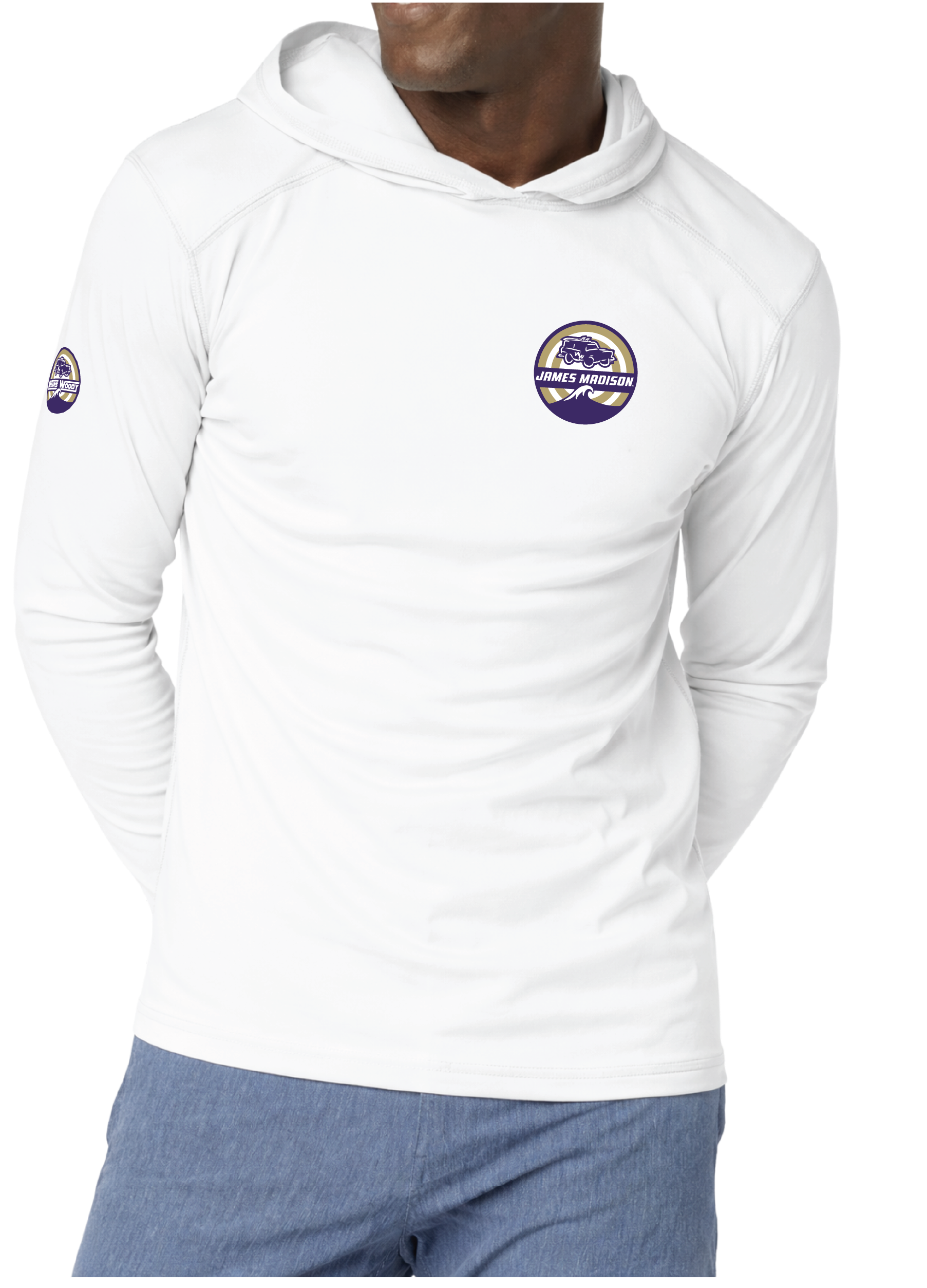 White long-sleeve hooded shirt shown on a model from the front and back, with purple and gold lacrosse graphics. Includes a large back graphic, a small chest logo on the front, a sleeve logo on the right front arm, and two circular decal designs shown below on a white background.