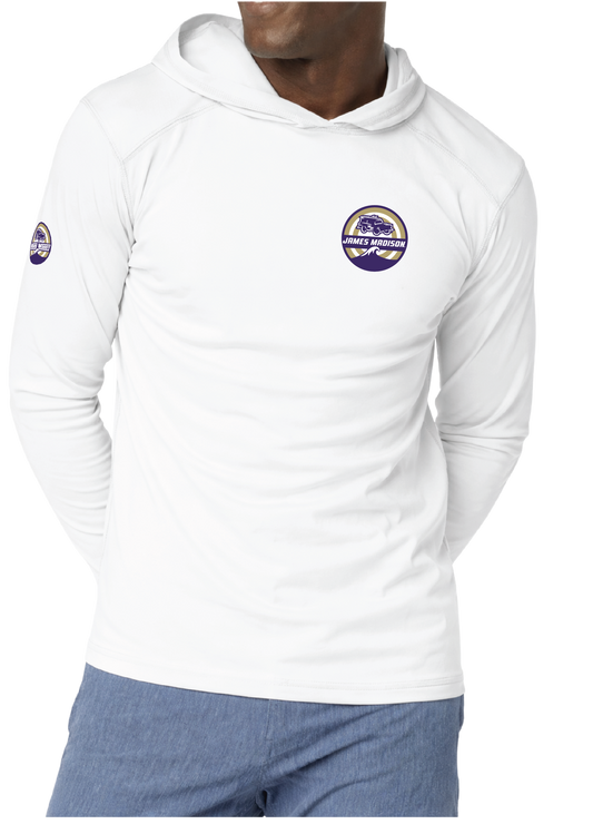 White long-sleeve hooded shirt shown on a model from the front and back, with purple and gold lacrosse graphics. Includes a large back graphic, a small chest logo on the front, a sleeve logo on the right front arm, and two circular decal designs shown below on a white background.